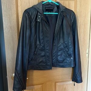 Gray leather jacket with hood